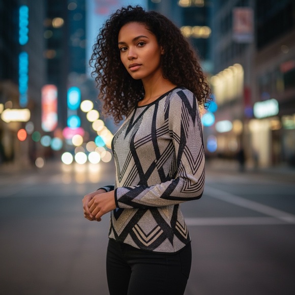 INC International Concepts Sweaters - International Concepts Chevron Sweater Size XS Metallic Shimmer Sexy Scoop Neck